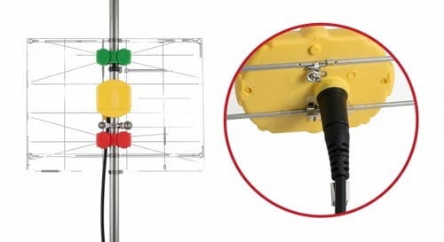 Close-up of the coaxial cable screwed onto the yellow signal box of a GOtv antenna