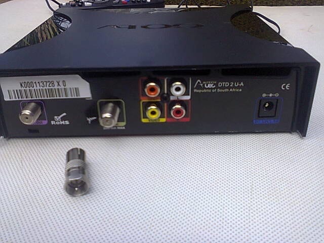 Back panel of a GOtv decoder showing the RF IN, RCA, and power ports