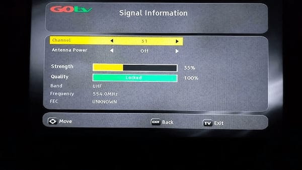 GOtv signal information screen showing signal strength and quality percentages