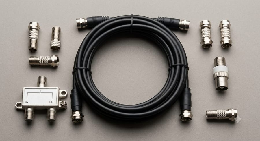 Coaxial cable, F-type connectors, and a TV signal splitter arranged on a table.