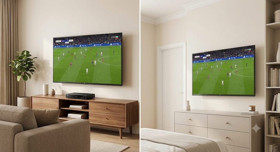 Two separate television screens in different rooms displaying the same sports broadcast.