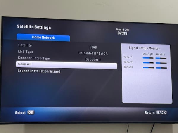 GOtv menu showing the automatic scan option under Installation and Tuning
