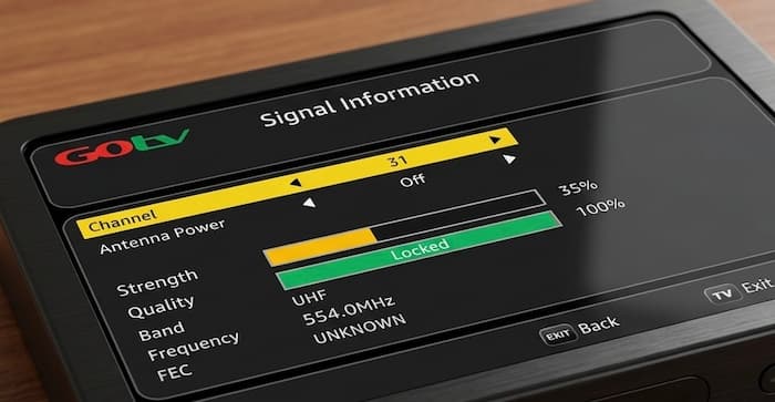 GOtv signal information screen showing signal strength and quality percentages