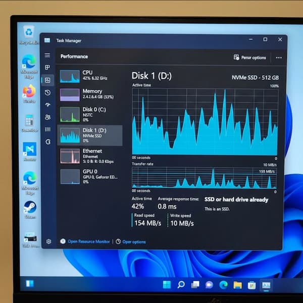 Task Manager Performance tab showing whether an HP laptop has an HDD or SSD