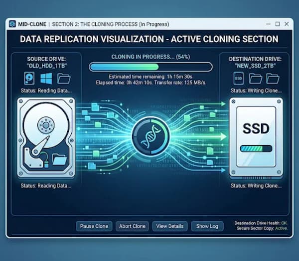 Cloning software copying an HP laptop hard drive to a new SSD before the swap
