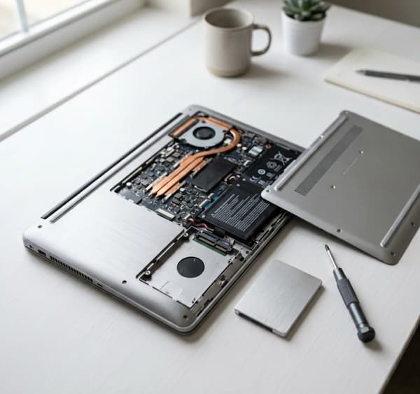 HP laptop with its underside panel open beside a new SSD and a screwdriver