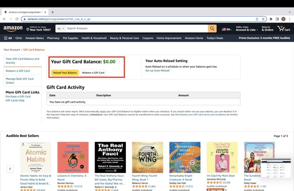 Amazon gift card balance page on desktop showing current balance and transaction history