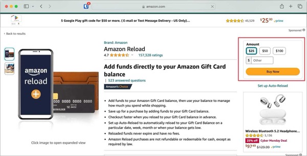 Amazon shopping app on smartphone displaying gift card balance