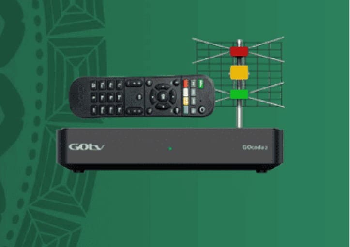 GOtv decoder with colored status lights (red, yellow/orange, green) illustrated