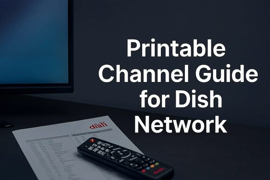 Printable Dish Network channel guide next to a remote control on a desk
