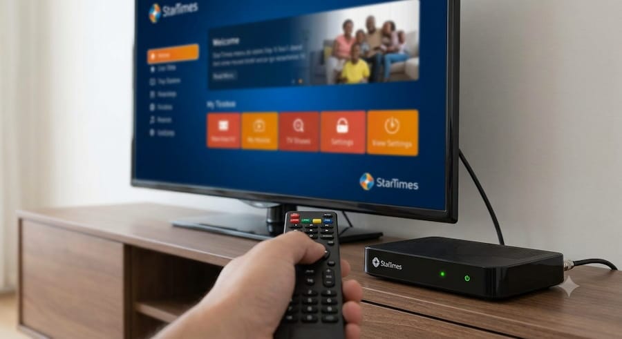 A person pointing a remote control at a digital TV decoder to reboot it.