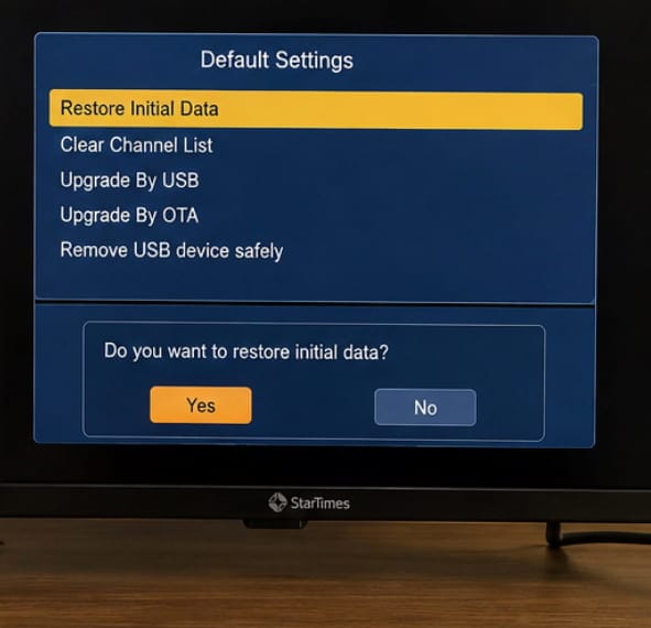 A television menu showing the default settings and restoration options selected.