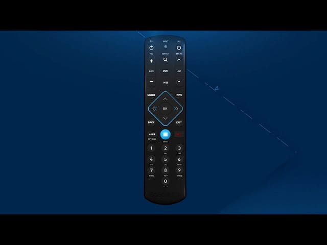 Black Spectrum universal remote control with blue buttons on a dark blue background