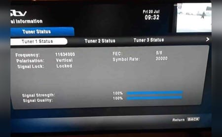 DStv decoder tuner status screen showing signal strength and quality