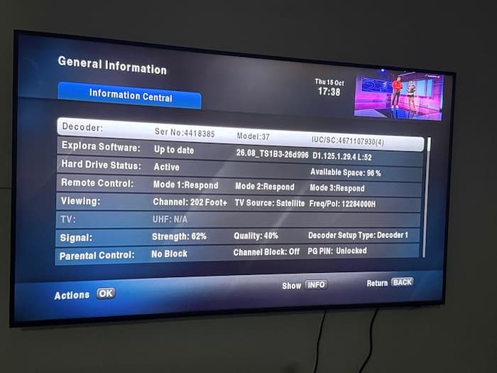 DStv signal screen showing signal strength and signal quality readings.