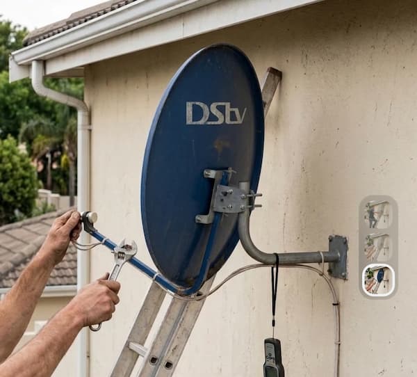 Adjusting a satellite dish bracket on a house wall to improve DStv signal.