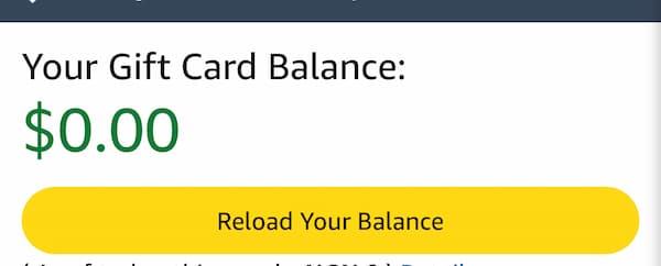 Amazon gift card balance page showing whether a card was redeemed successfully