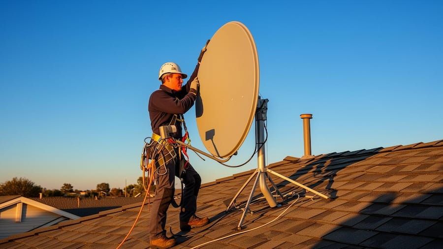 Close-up of hands adjusting the LNB on a satellite dish for proper skew alignment
