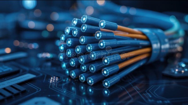 Close-up of glowing blue fiber optic cables – the foundation of the best business internet providers