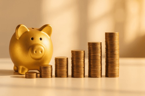 Golden piggy bank with growing stacks of coins representing high-yield savings accounts