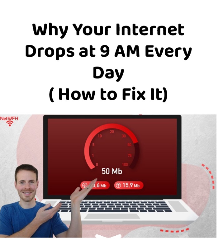 Man pointing at a laptop screen showing internet speed test results to diagnose connection issues