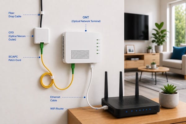 Modern fiber optic ONT (Optical Network Terminal) and Wi-Fi router setup with labeled connections in a home