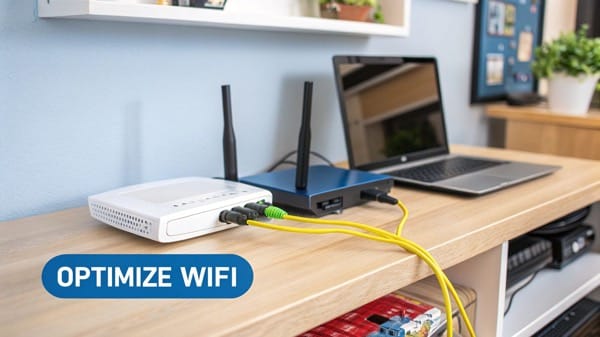 White fiber ONT device connected with yellow fiber and Ethernet cables on a home desk setup