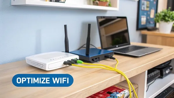 White fiber ONT device connected with yellow fiber and Ethernet cables on a home desk setup