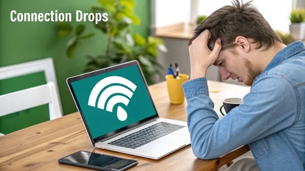 Frustrated business person at laptop with Wi-Fi connection drops, considering using a personal phone hotspot