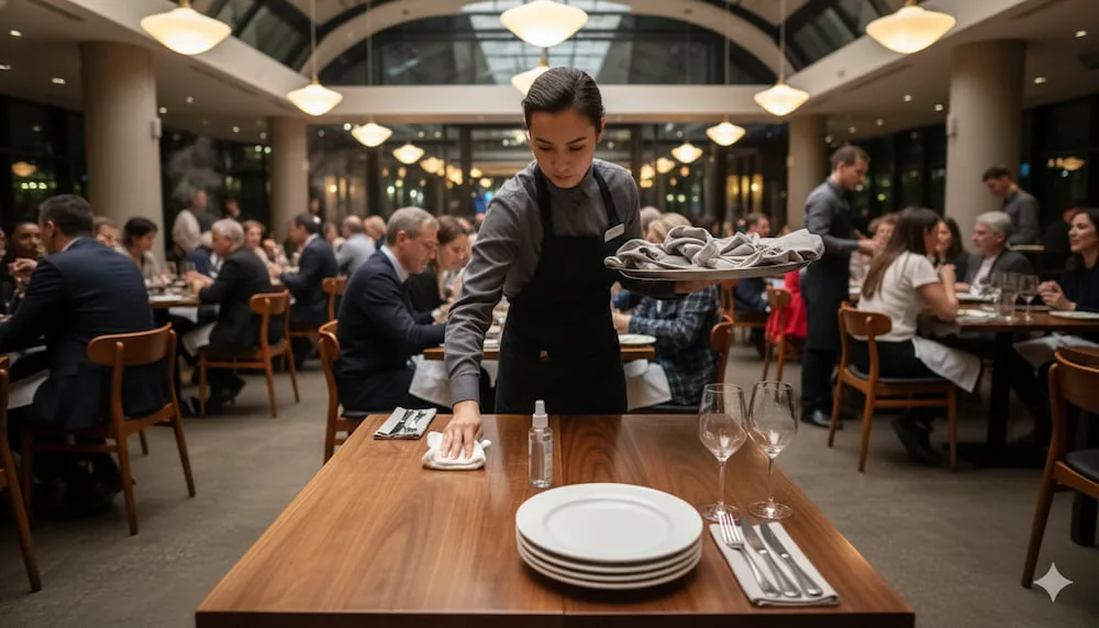 Busy restaurant during peak hours with a waitress serving a full dining room