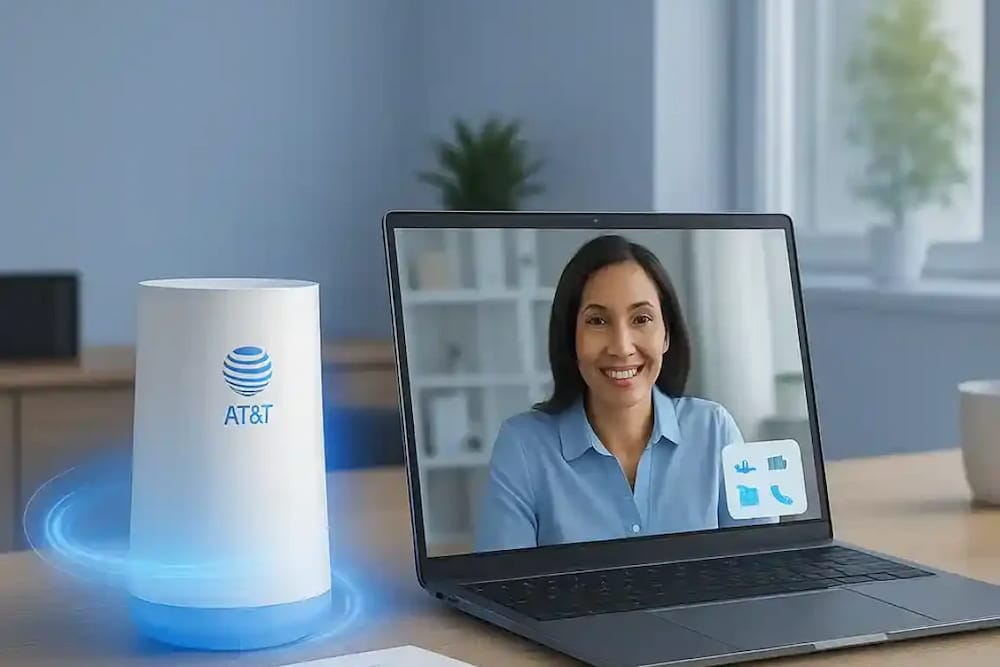 Modern 5G internet gateway next to a laptop showing a video call, representing fast and easy business internet setup