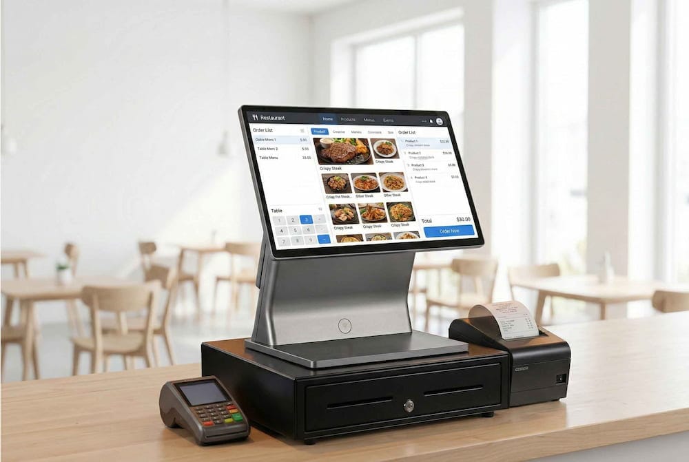 Modern restaurant POS terminal with touchscreen and card reader on a wooden counter