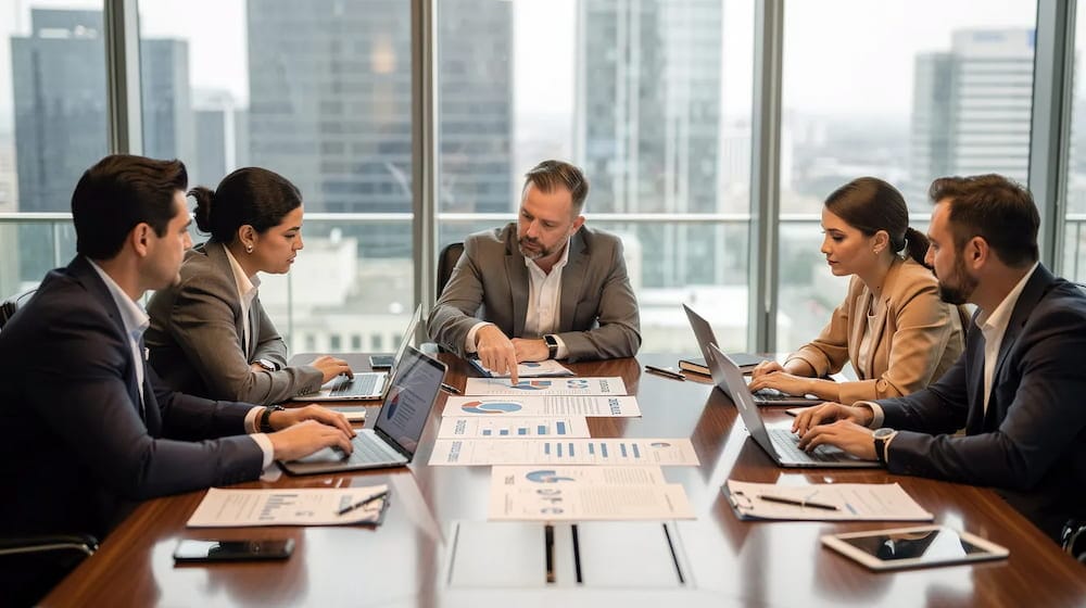 Professional business team reviewing documents and data during a strategy meeting in a modern conference room