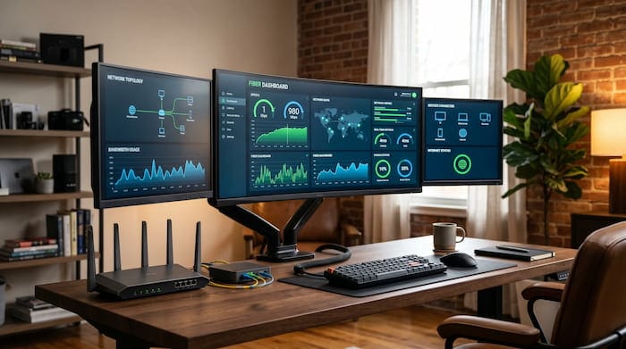 Modern office desk with multiple monitors displaying fiber internet speed dashboard, network performance metrics, and connected devices