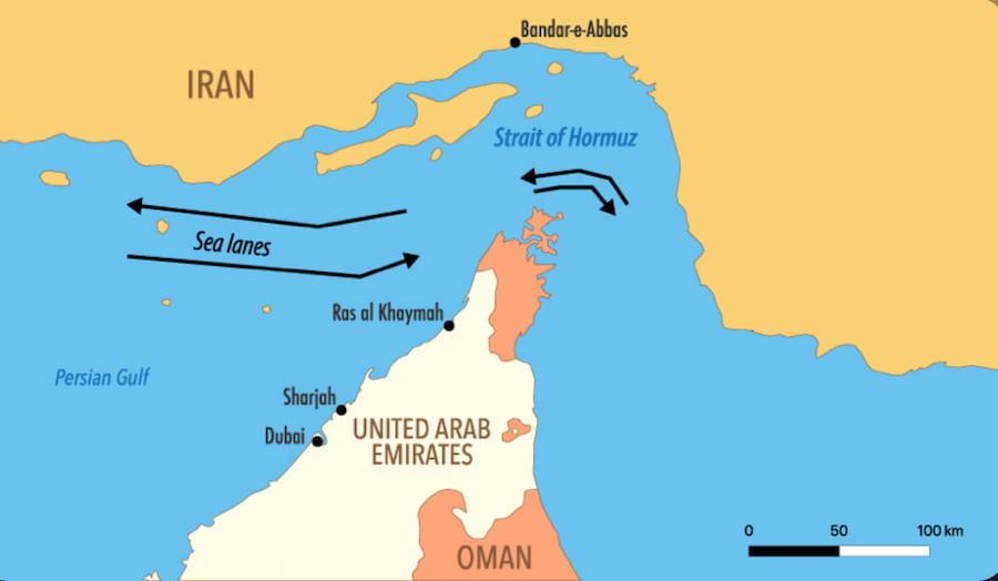 Oil tankers anchored in the Strait of Hormuz, a focus of world news today after the US paused strikes on Iran