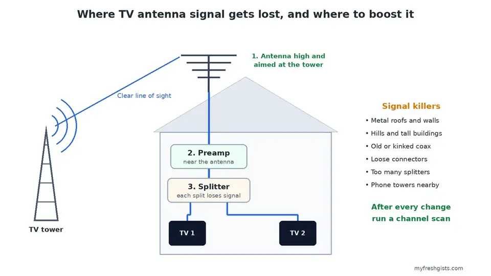Diagram showing how to boost TV antenna signal from tower to antenna, preamp, splitter and TVs